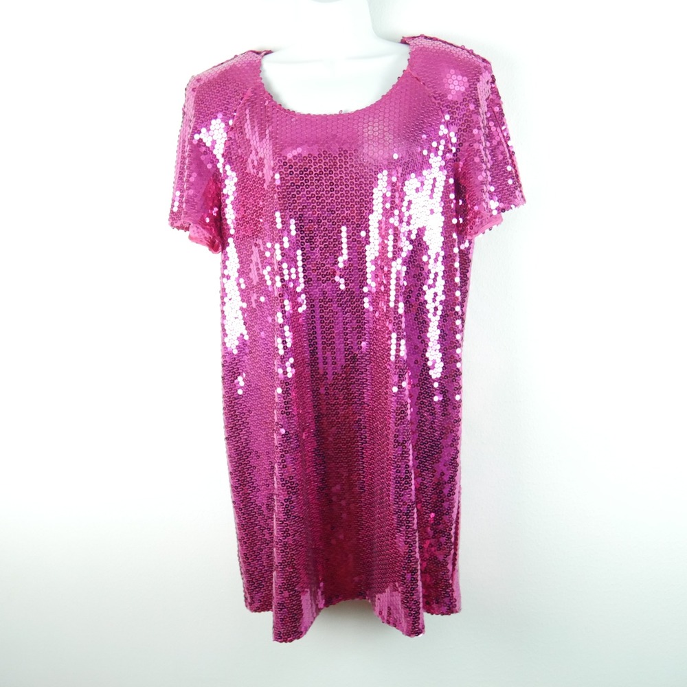 Vintage Pink Sequin Shift Dress Petite Short Sleeve Mini Rave Glam Maximalist